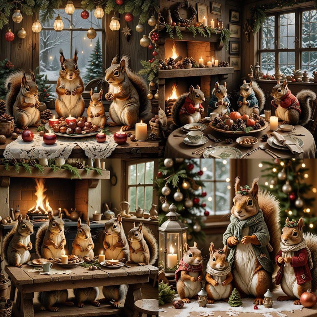 Squirrel Family Christmas Feast in Cozy Woodland Home