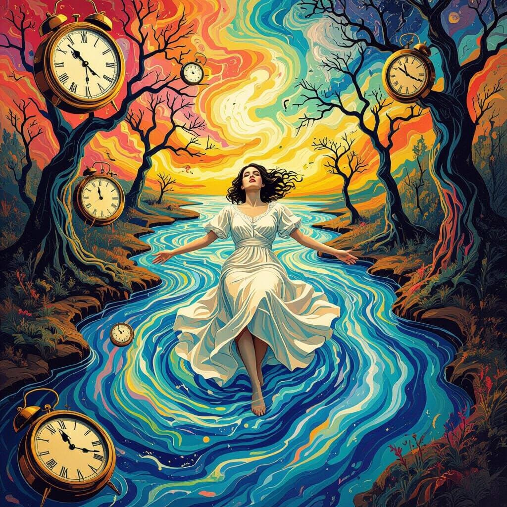 Dreamlike Figure in Surreal Stream, Surrealist Painting Styl...