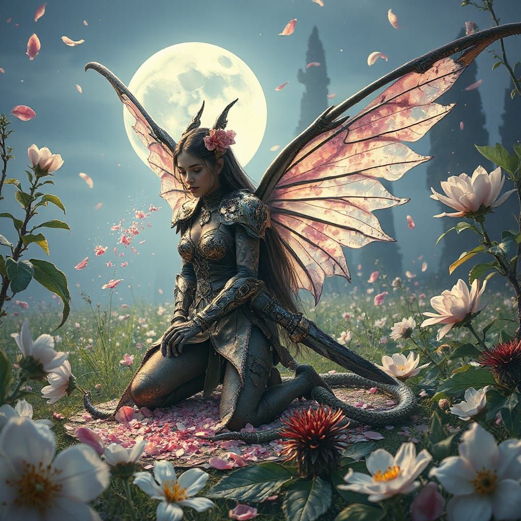 Fae Warrior in Alien Blossom Field, Dark Fantasy Art