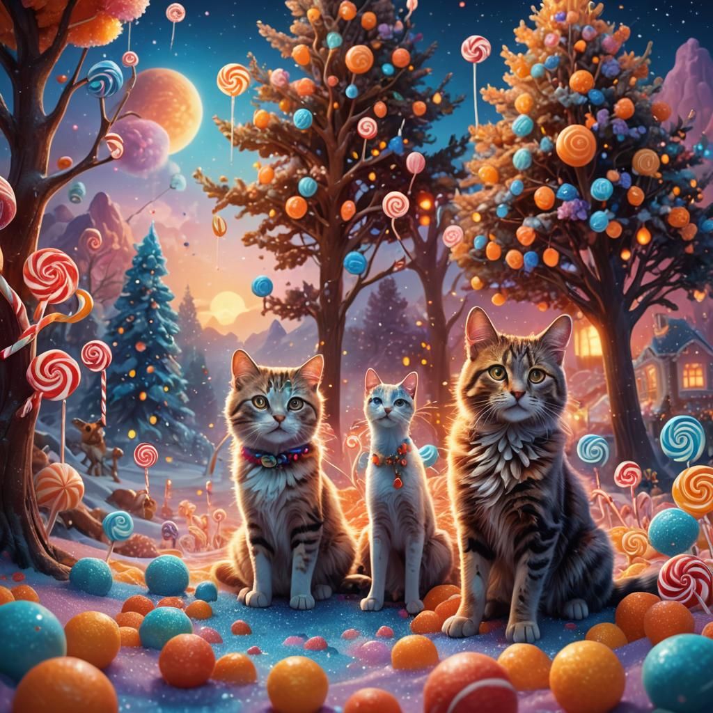 Candy Cat and Dog in Sugary Landscape