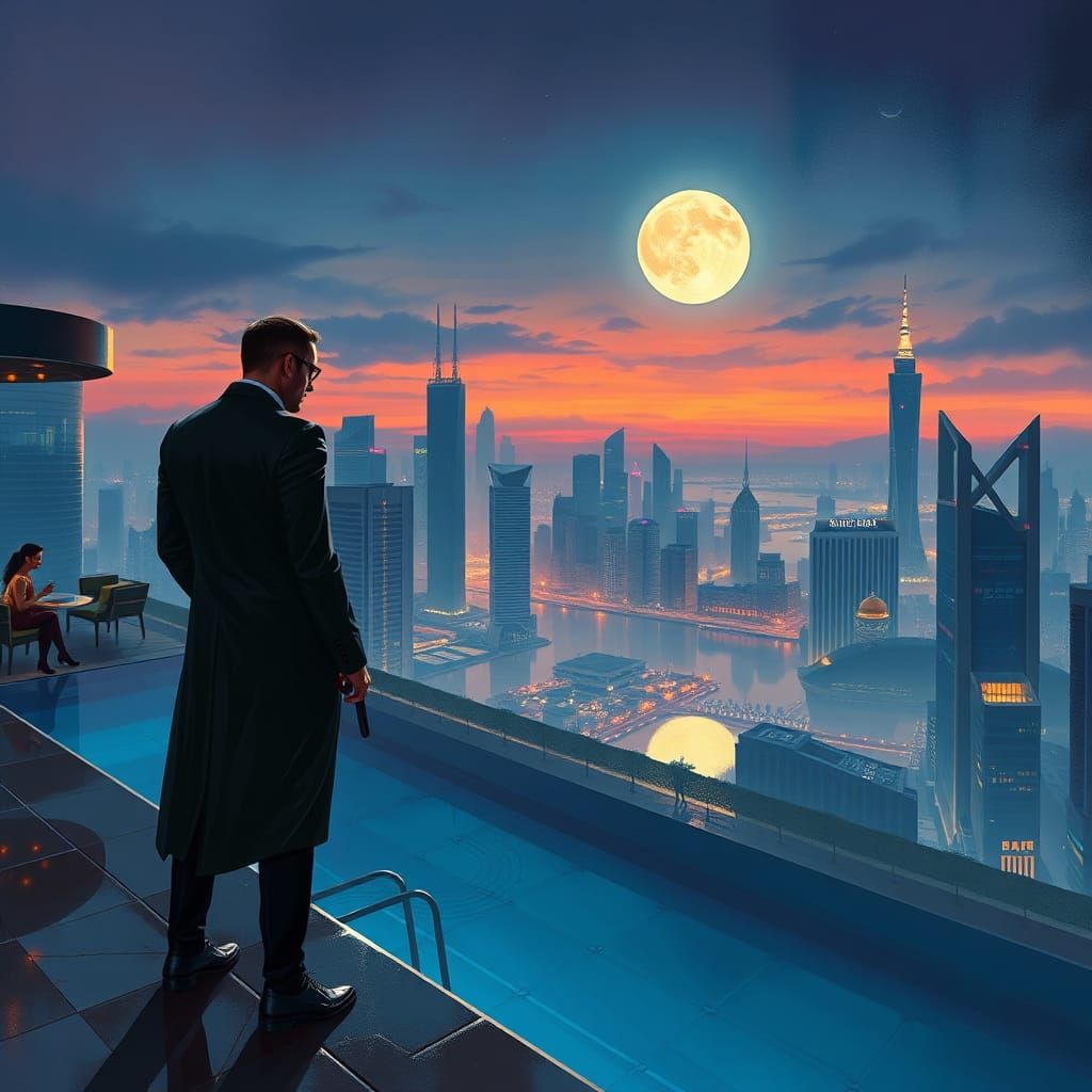 Spy Overlooking Futuristic Cityscape at Dusk