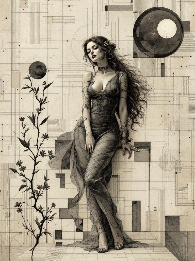 Geometric Pin-Up Fusion in Scrimshaw Style