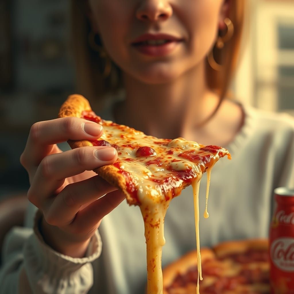 Woman Holds Drippy Cheese Pizza Slice