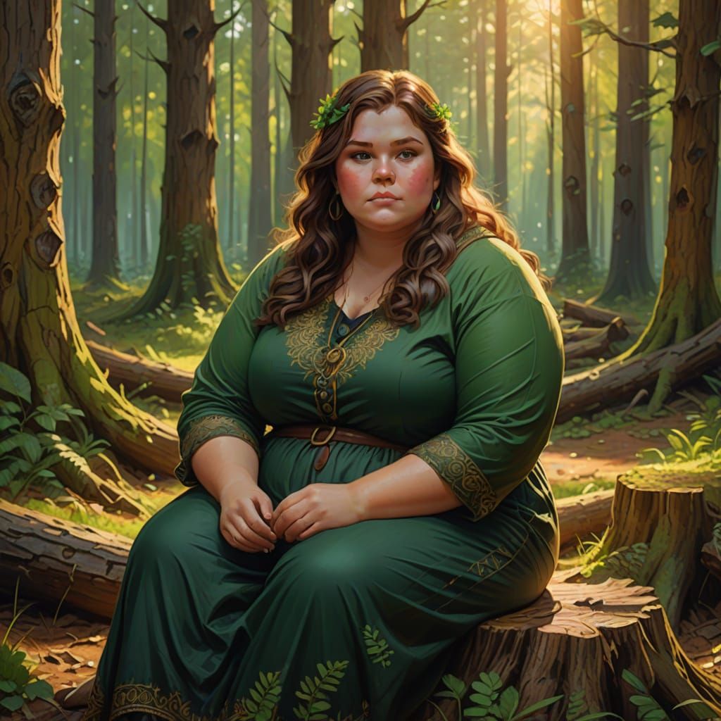 Stunning Plus-Sized Lady in Forest Landscape, Oil Painting S...