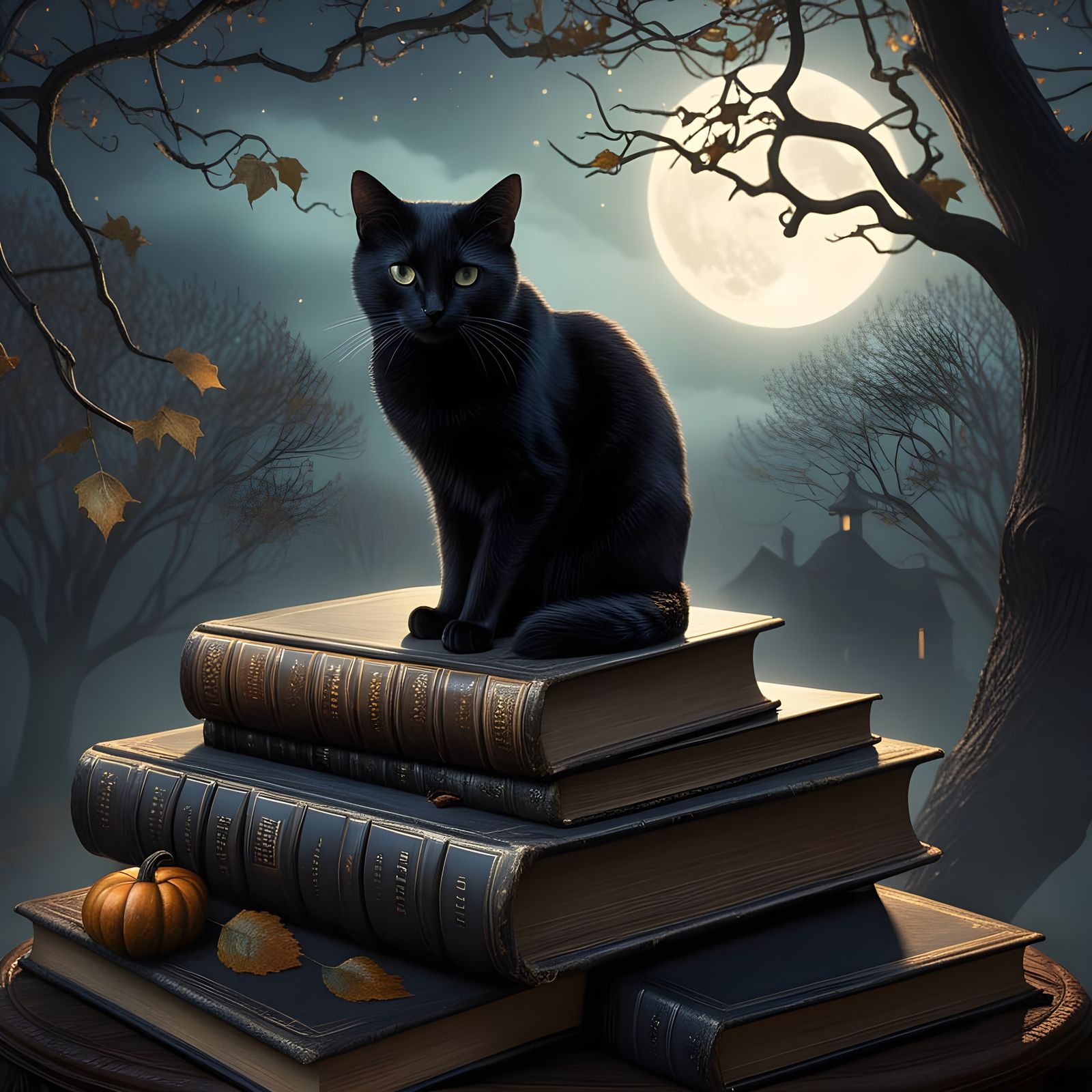 Eerie Black Cat on Books in Surreal Moonlight