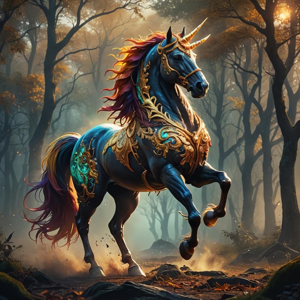 Colorful Mythical Horse Rearing in Fantasy Landscape
