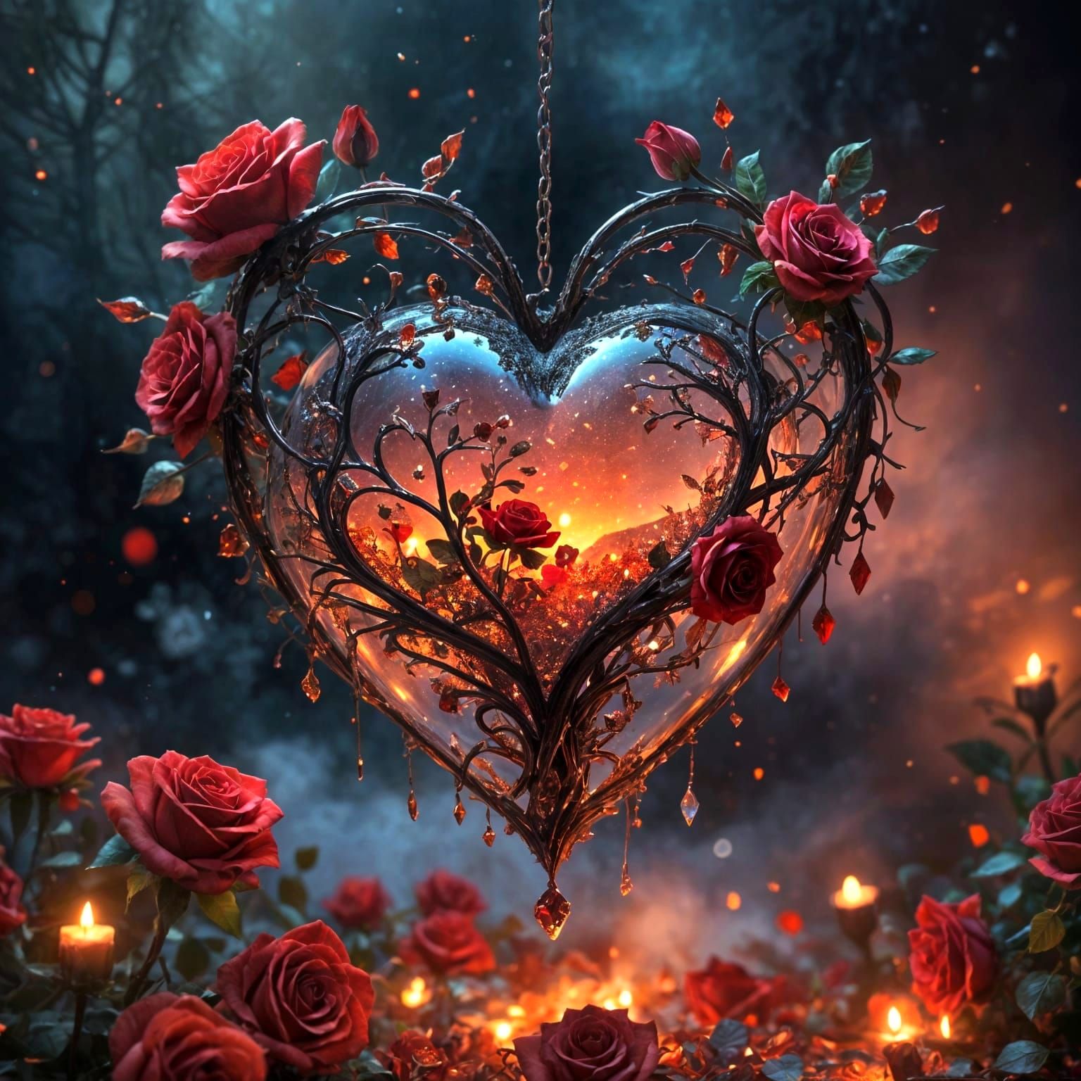 Hearts Entwined in Crystal Rose Blooms