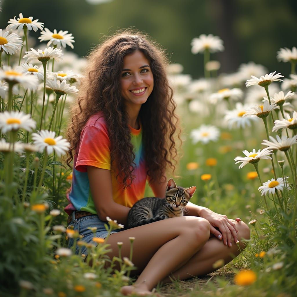 Happy Hippie Woman in Daisy Garden with Kitten