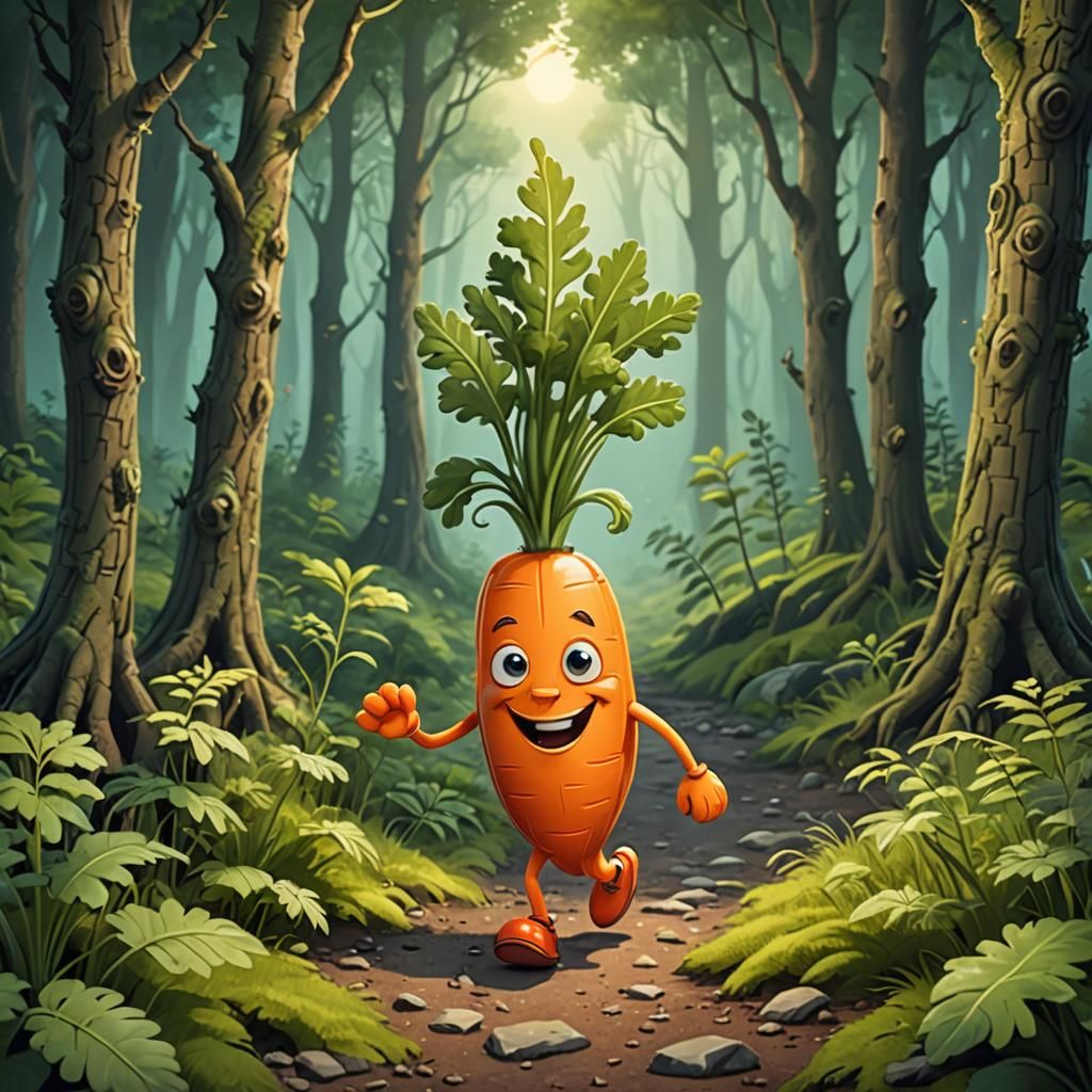Cartoon Carrot Walking Through Fantasy Woods