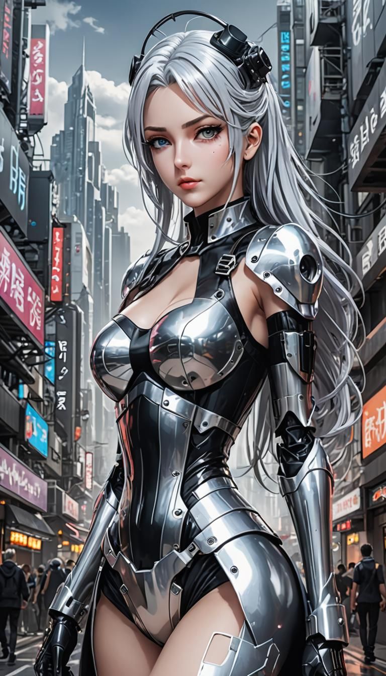 Cybernetic Woman in Cyberpunk City: Cel-Shaded Digital Art