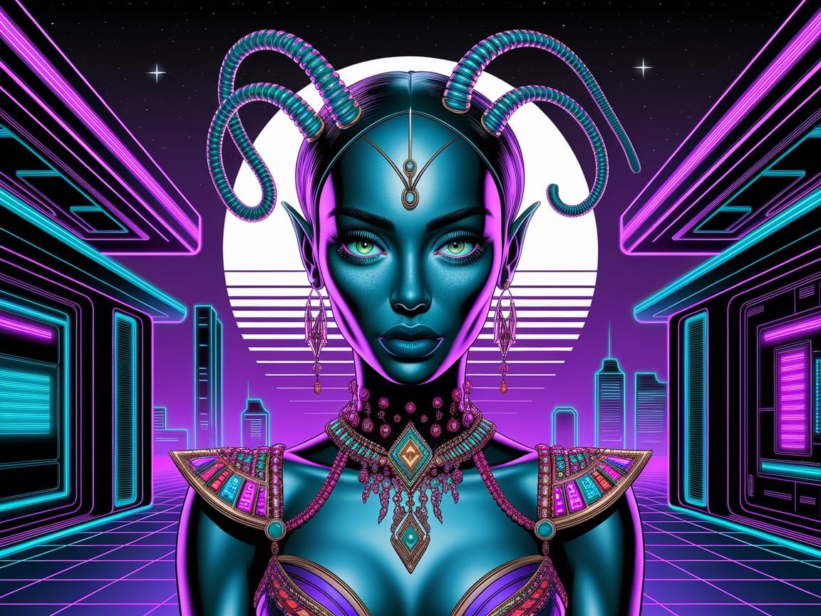 Golden Alien Female in Synthwave Cityscape