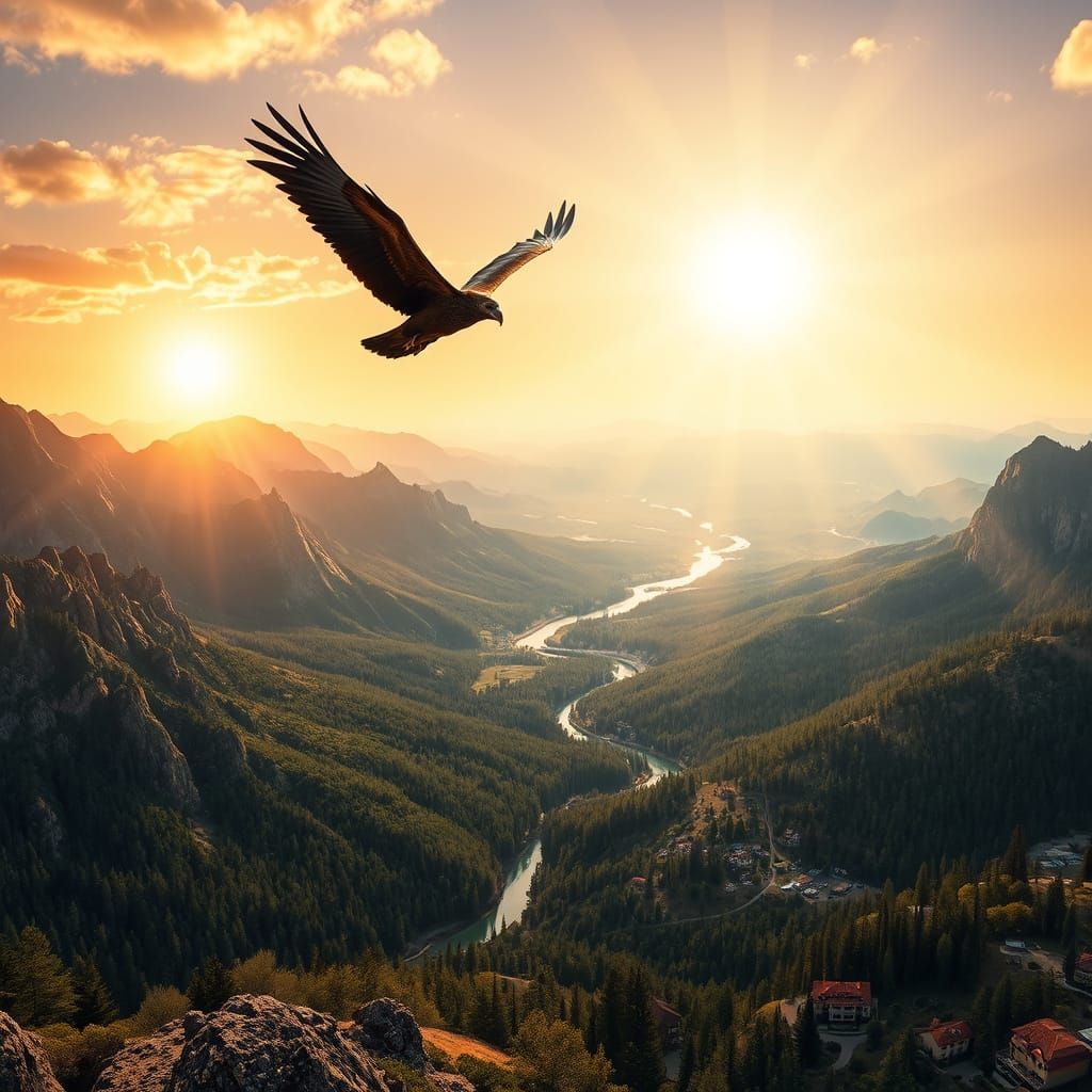 California Condor Soars Above Golden Sunset Landscape