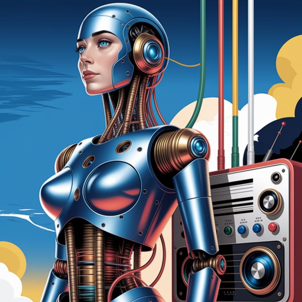 Robot Lady with Blue Skin and Copper Pipes in Art Deco Style