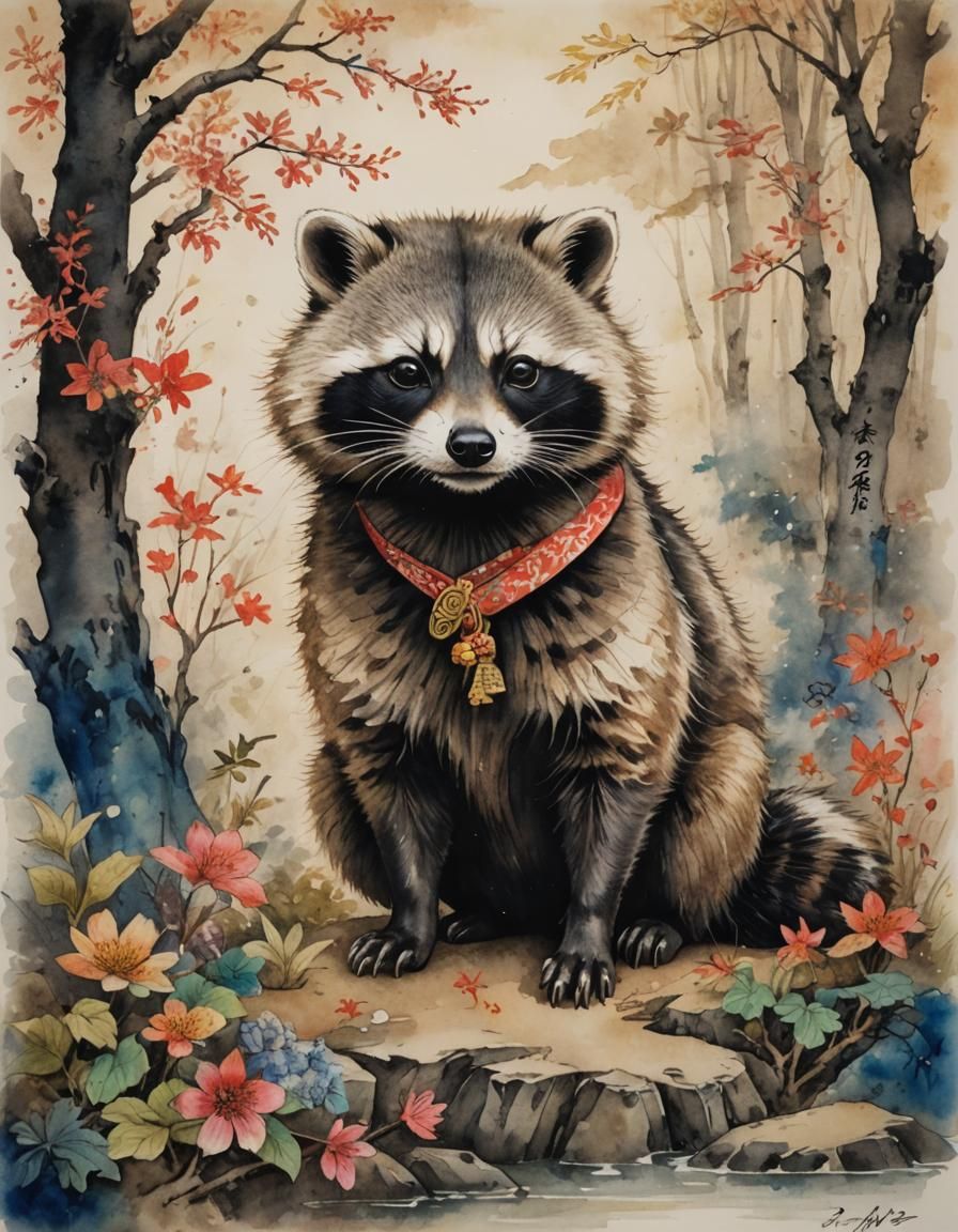 Japanese Tanuki in Watercolour and Calligraphy