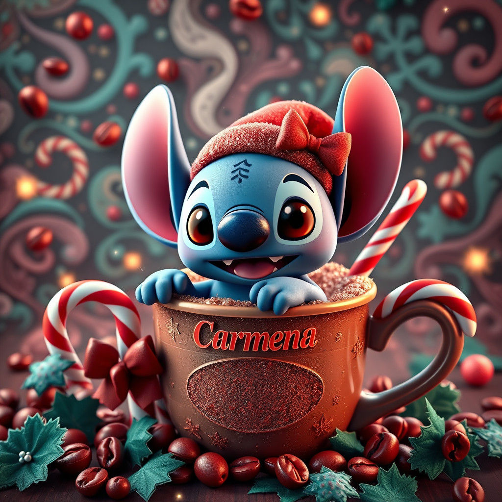 Festive Baby Stitch in Starbucks Cup: 3D Render