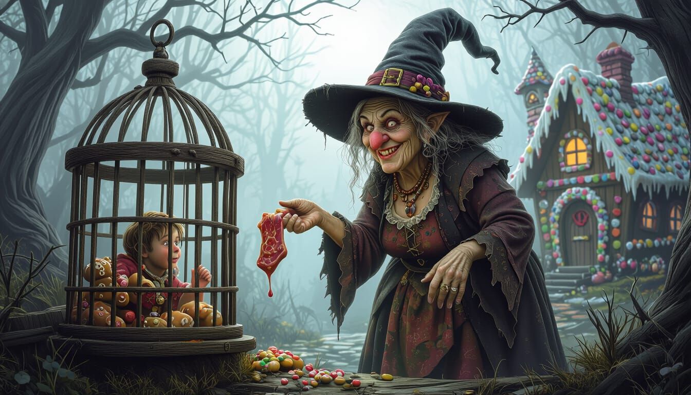 Witch Captures Hansel in Frightening Fairytale Forest