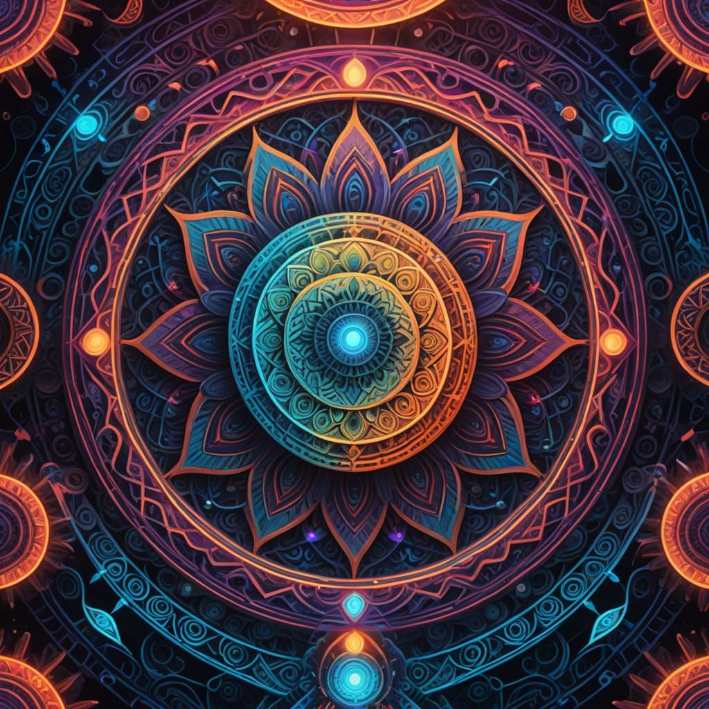 Sacred Geometry Totem with Glowing Zentangle Patterns