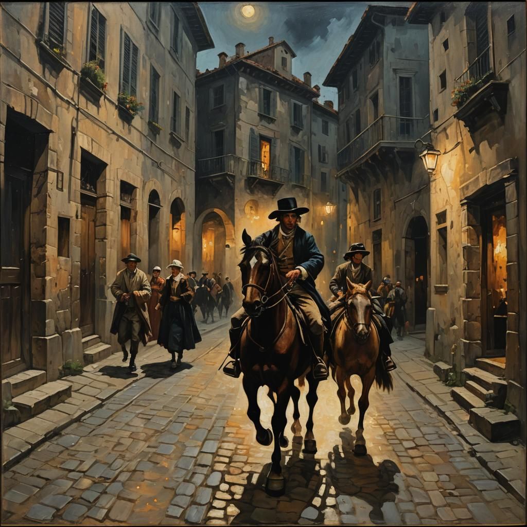 Eerie Horse Chase in Italian Street, Neo-Expressionist Oil