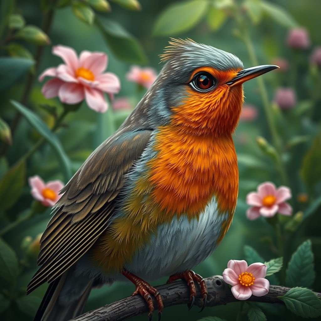 Hyperrealistic Robin with Cartoon Eyes in Detailed Garden