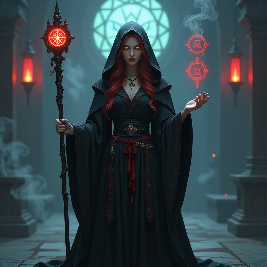 Mystic Red-Haired Woman in Ritual Chamber