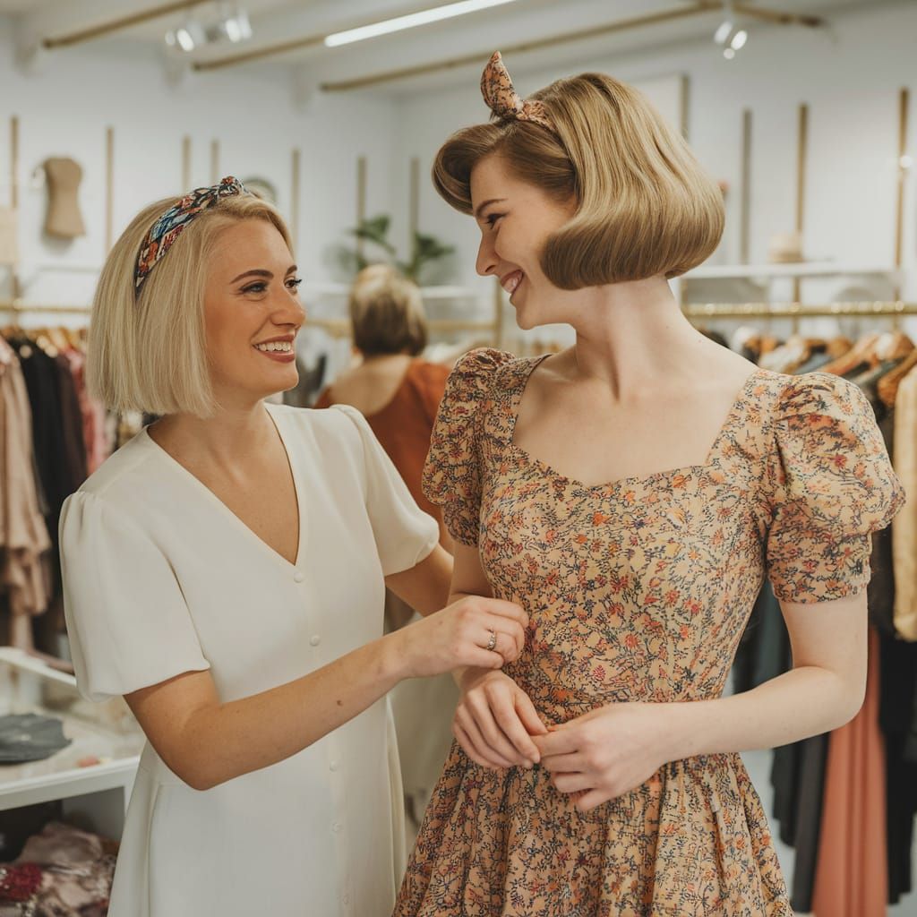 Woman Assists Young Man in Vintage Girlish Minidress