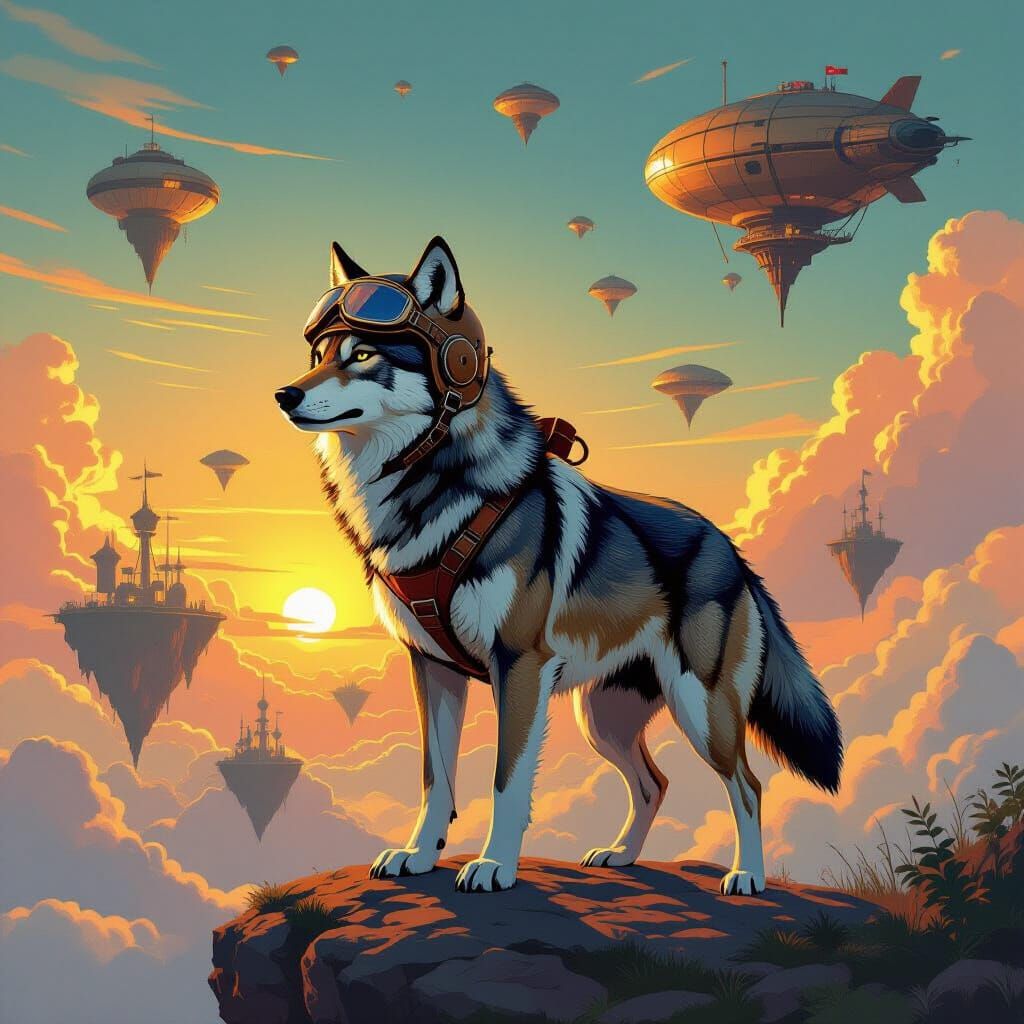 Retro-Futuristic Wolf Pilot Navigates Sky Islands