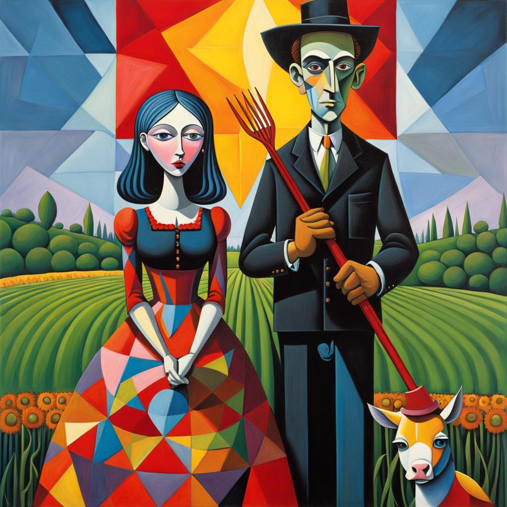 Cubist American Gothic Scene in Picasso Style
