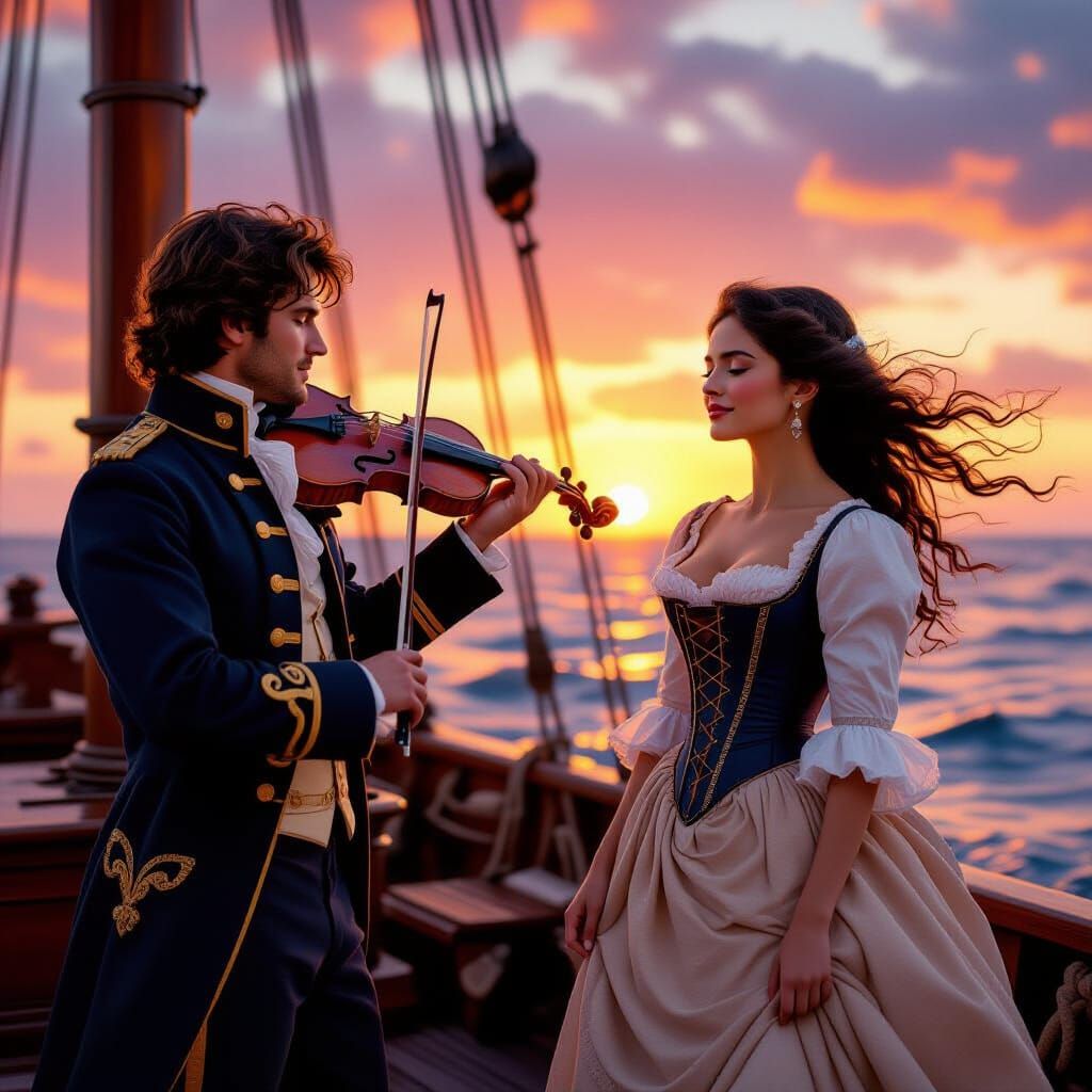 Romantic 18th Century Naval Officer Serenades Woman at Sunse...