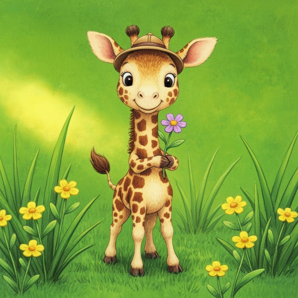 Whimsical Miniature Giraffe in Lush Meadow