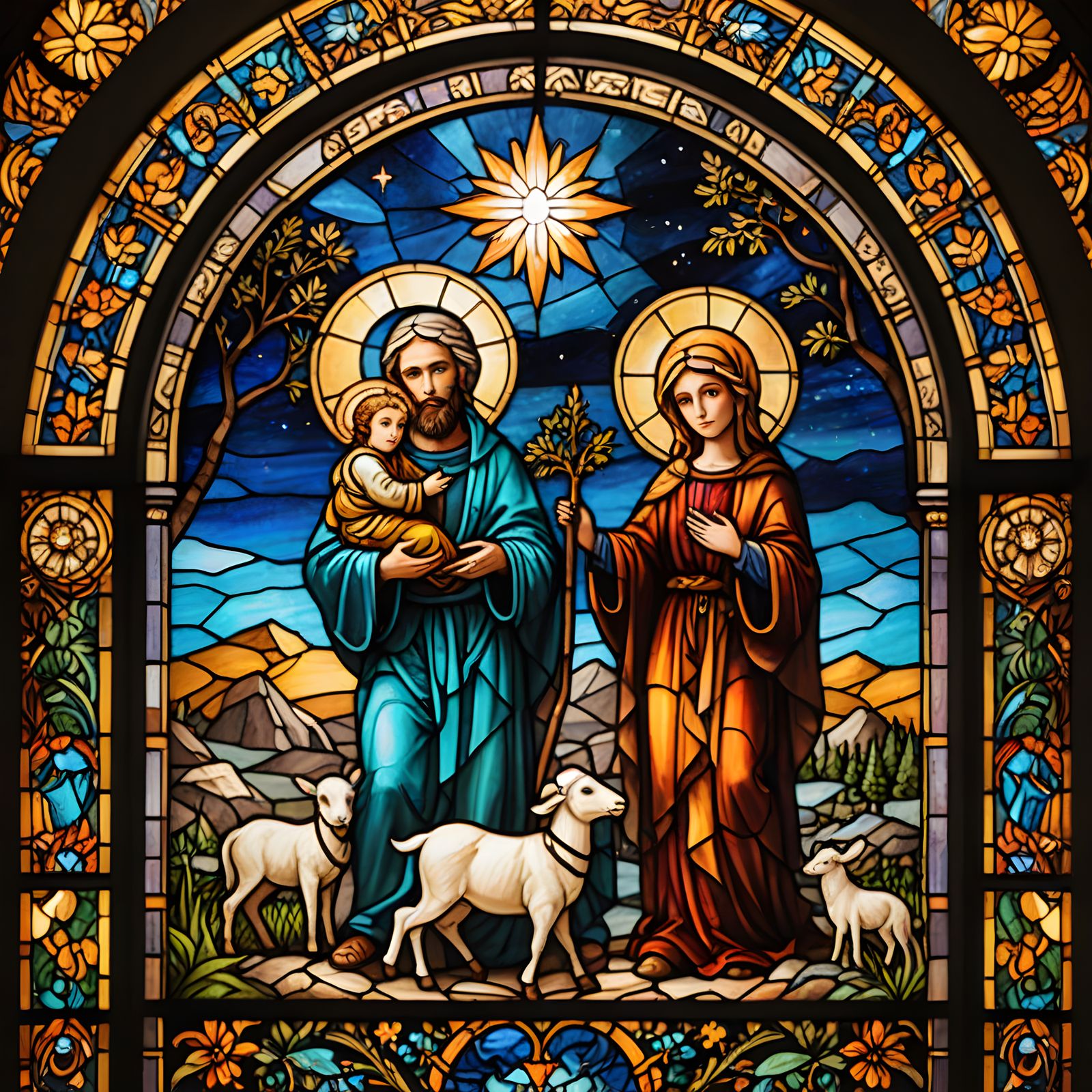 Surreal Stained Glass Nativity Scene with Angels and Animals