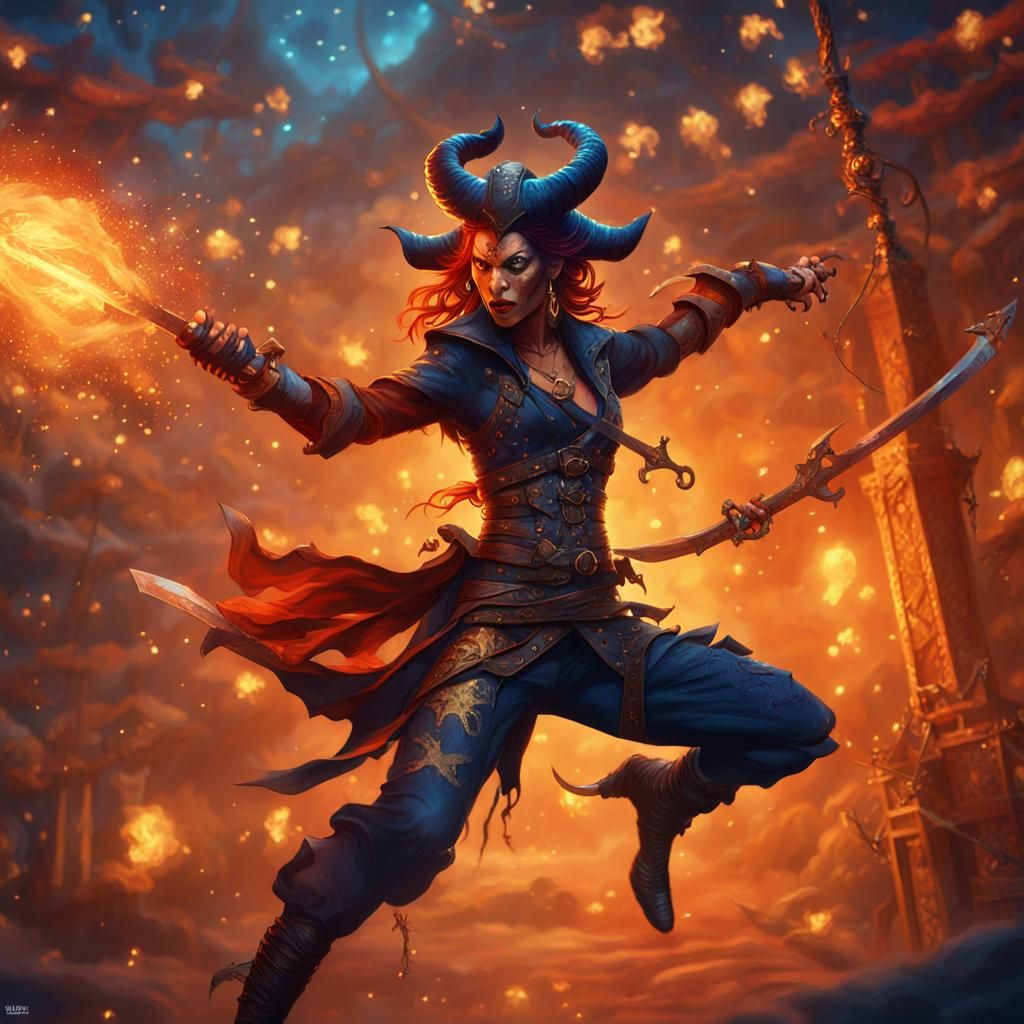 Dynamic Tiefling Pirate in Flight: Fantasy Art