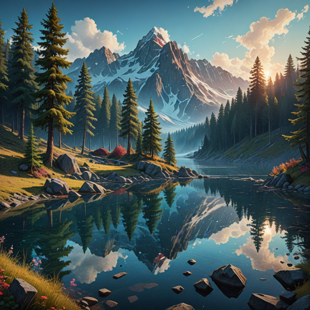 Volumetric Dawn Over Crystal Mountain Lake in Kandinsky's St...