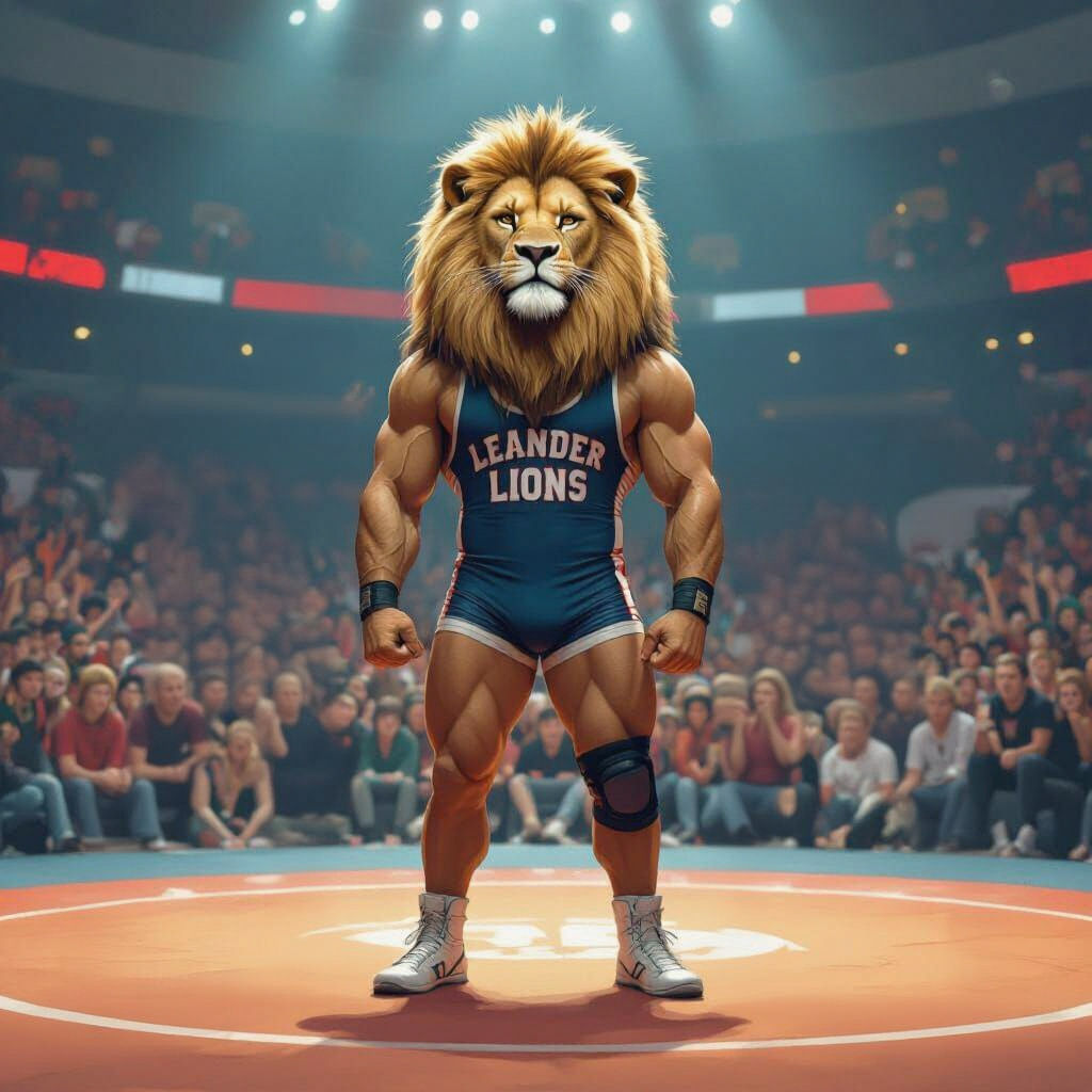 Leander Lions Wrestling Team Banner with Lion Mascot