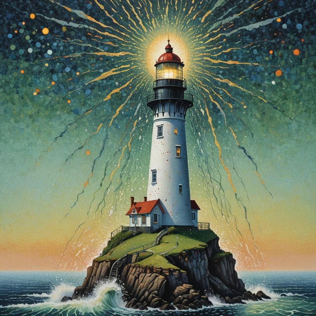 Surreal Lighthouse in Pointillism Style