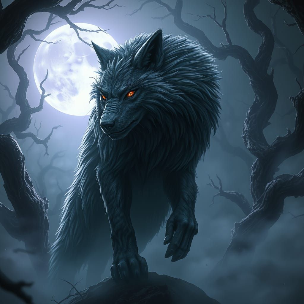 Surreal Werewolf Stalks Moonlit Forest in Dark Fantasy Style