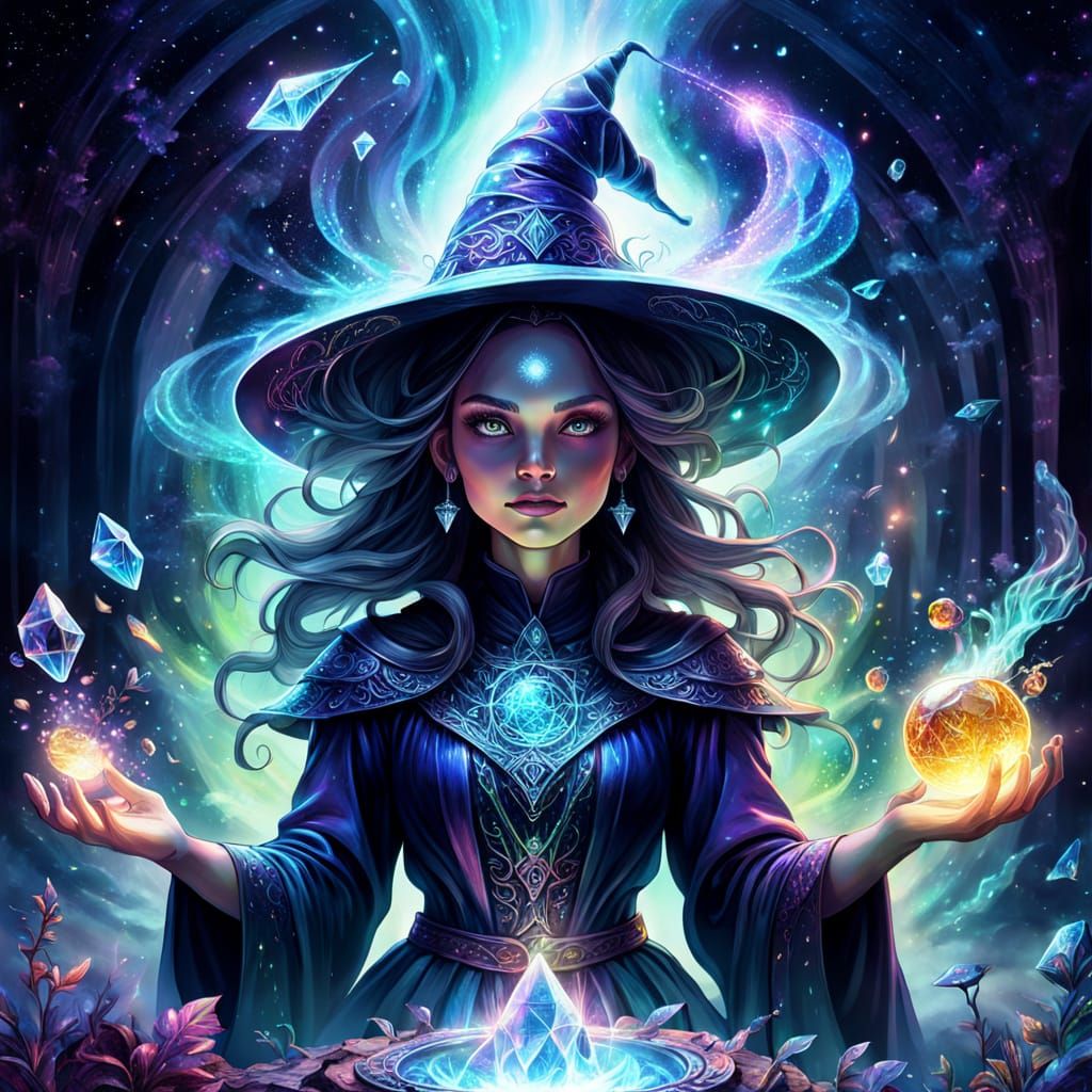 Astral Witch Doing Magical Chores in Cosmic Mist
