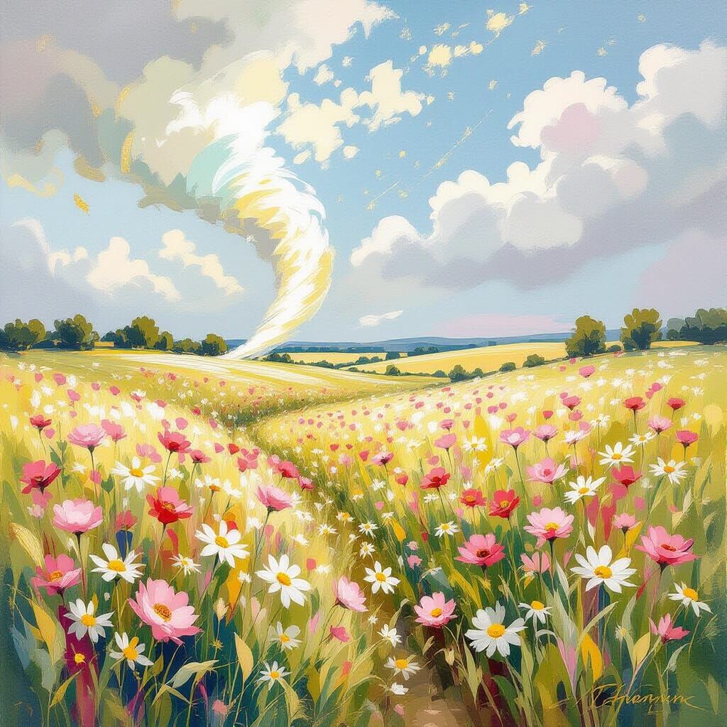 Tornado in Chamomile Field in Metamodern Style