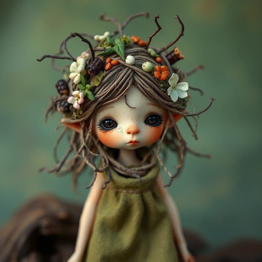 Whimsical Earthy Spirit Doll with Delicate Features and Shim...