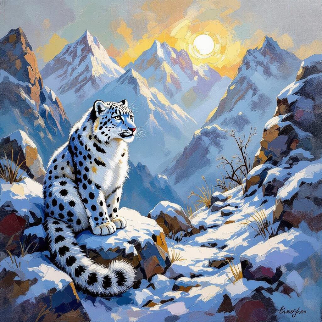 Majestic Snow Leopard in Impasto Mosaic Style
