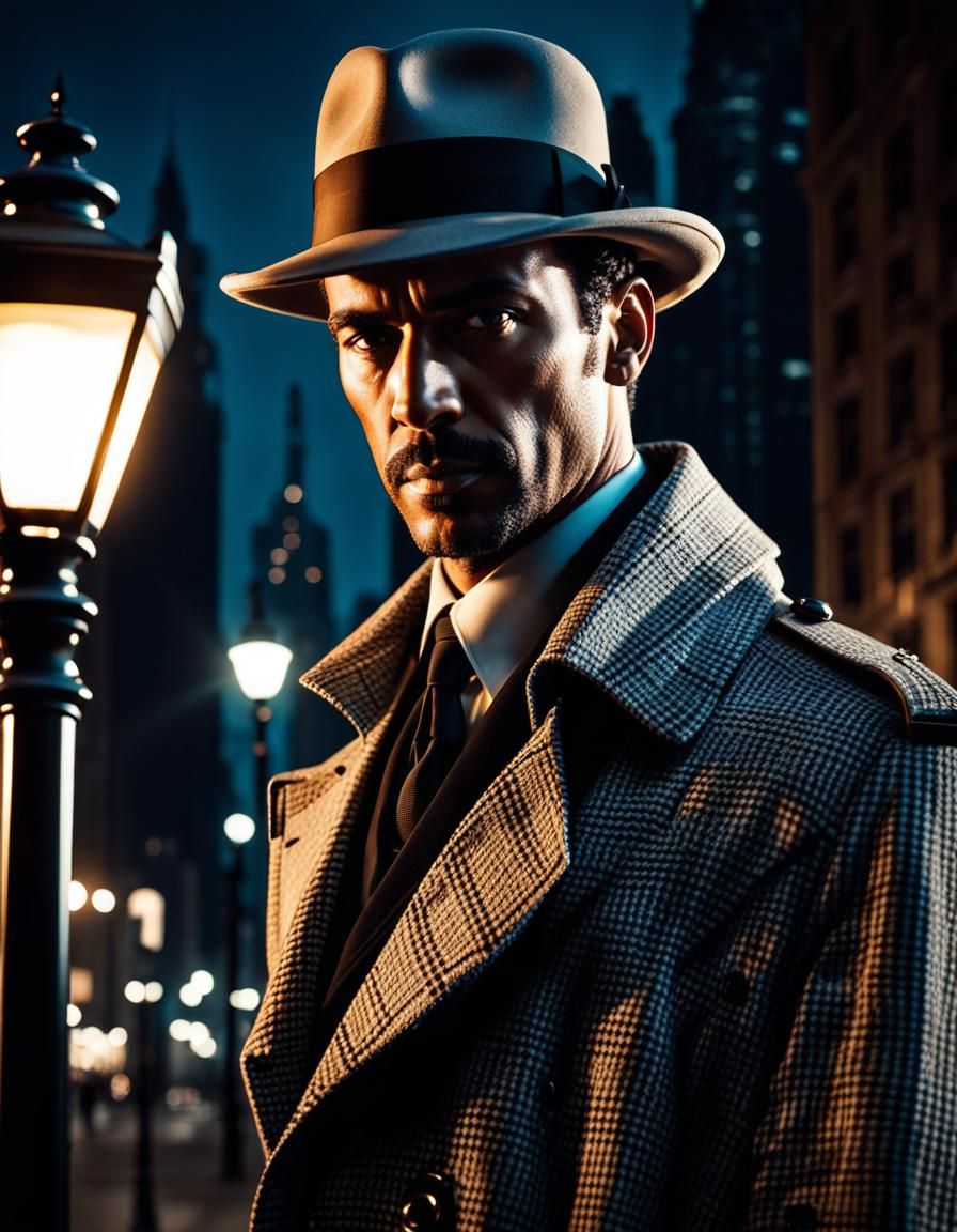 Victorian Detective in Film Noir Style Under Lamplight