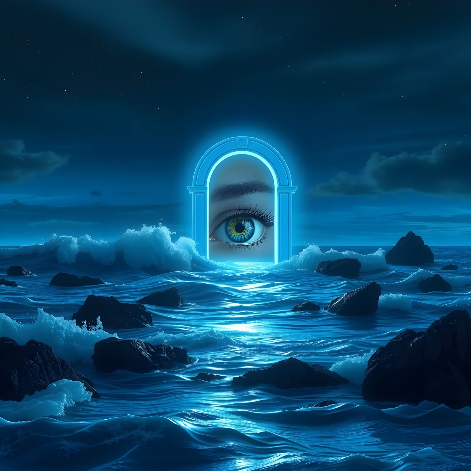 Surreal Glowing Door Dominates Night Seascape