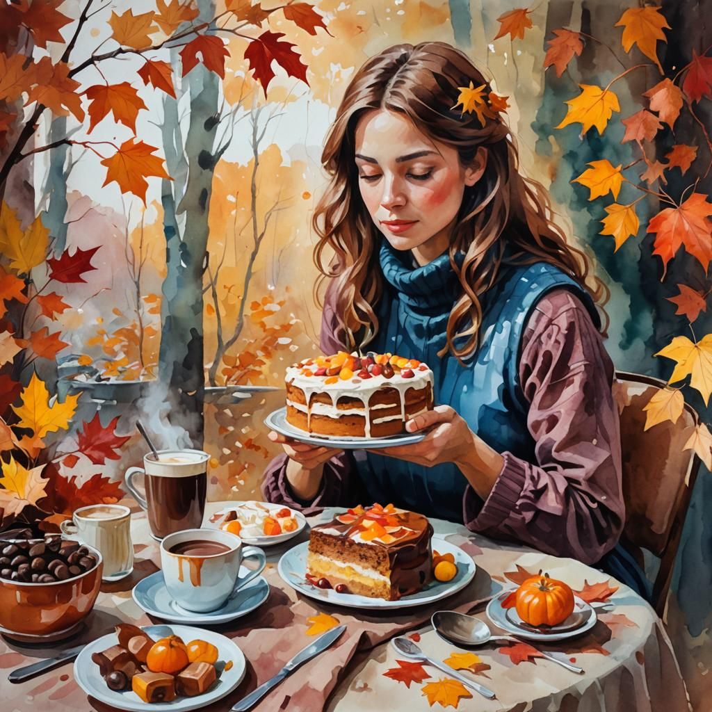 Autumn Cake and Woman in Gouache Style
