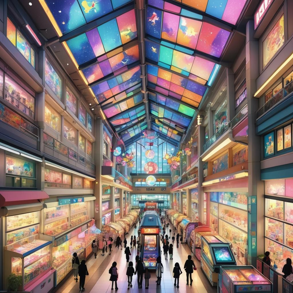 Vibrant Anime Mall with Colorful Toys and Neon Lights