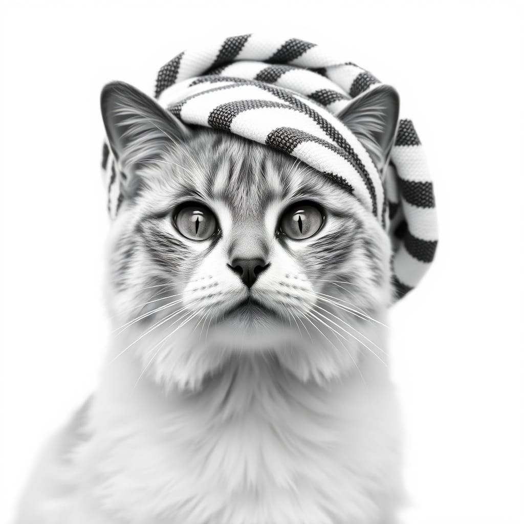 Elegant Seal Point Cat Portrait in Striped Towel