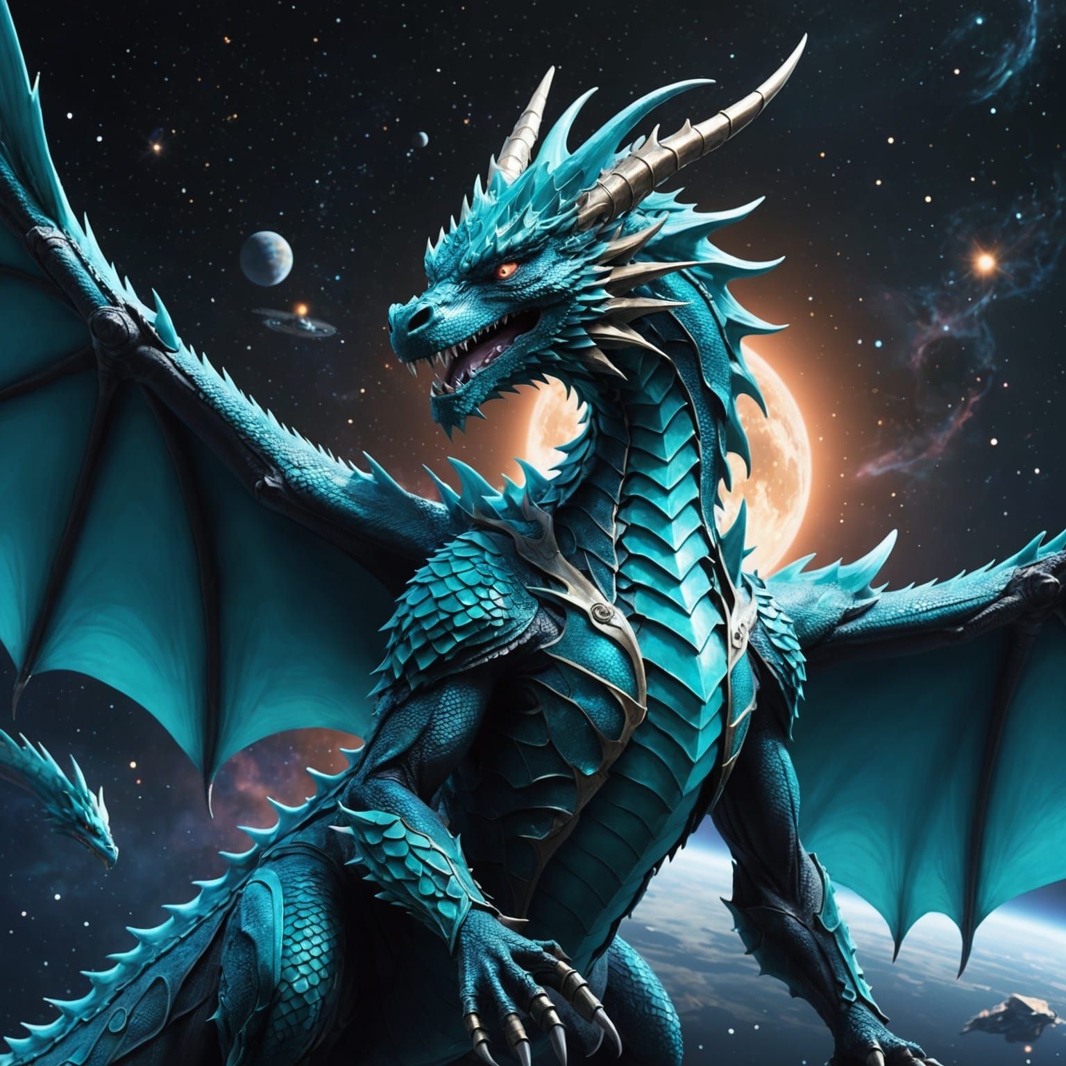 Blue and Teal Dragon in Space Anime Style
