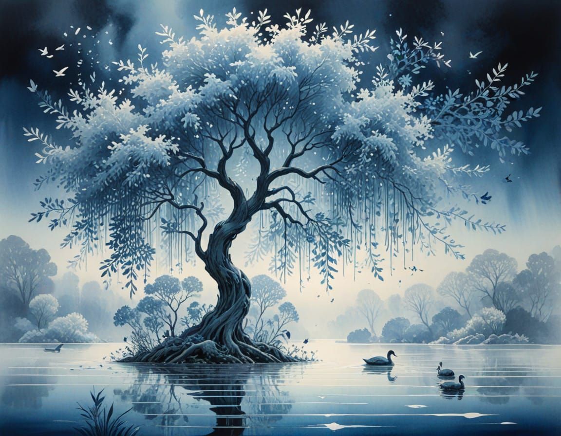 Majestic Willow Tree Frozen in Serenity