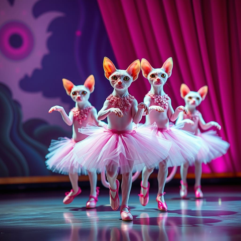 Fanciful Ballet of Rose Sphinx Cats in Vibrant, Retro-Futuri...