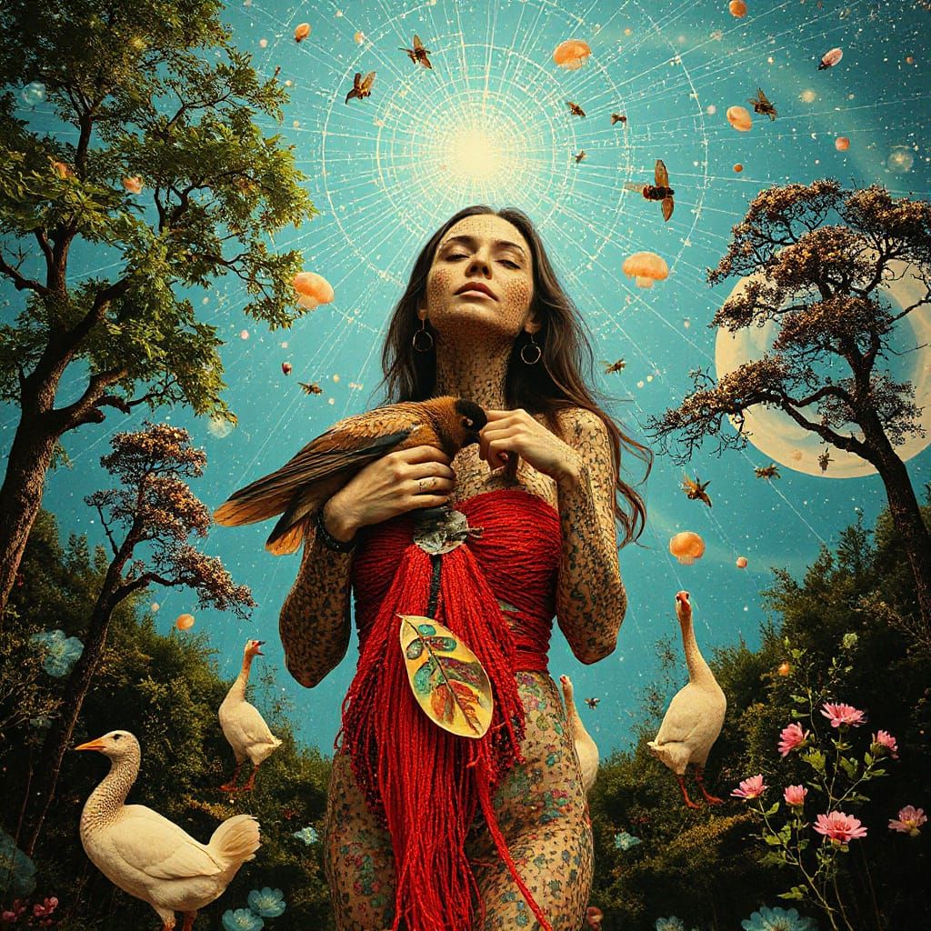 Surreal Bio-Art Woman in Trance Within Forest