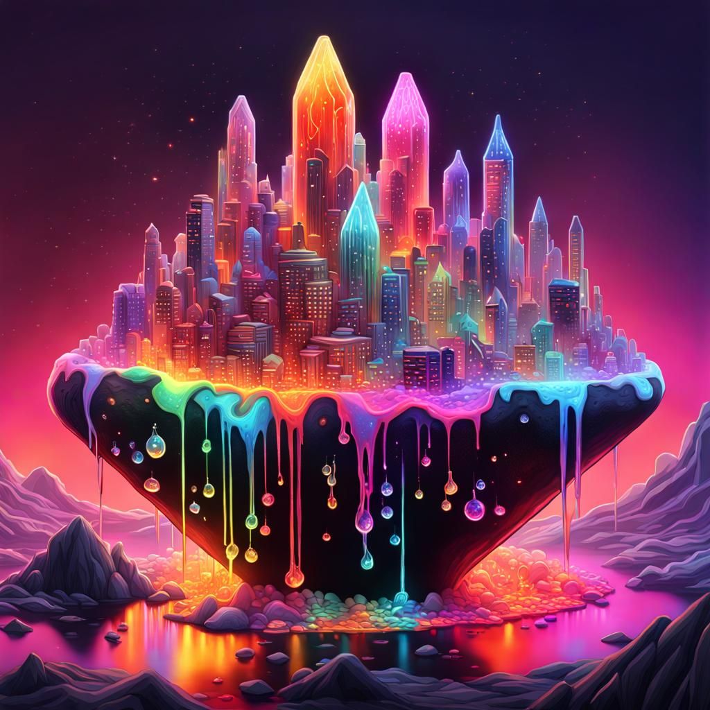 City in Lava Lamp with Neon Iridescence