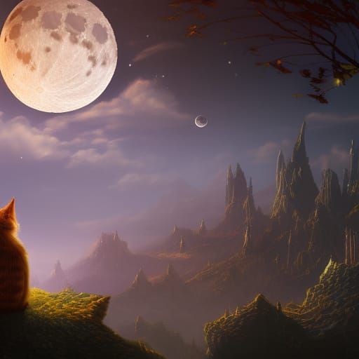 Fantastical Moon Cat Matte Painting